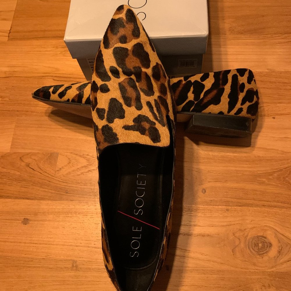 Sole Society leopard-print hair calf slip-ons, size 10